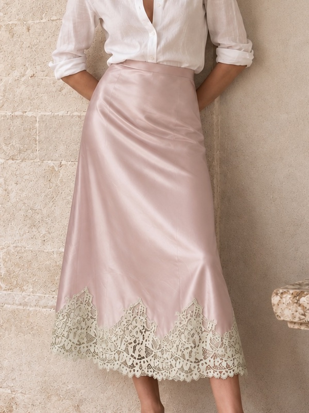 NWT Reformation Carolina Midi Skirt Women’s L Pink 100% Silk Lace Hem USA